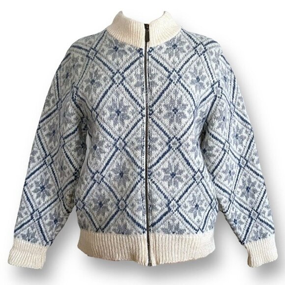 Vintage LL Bean Womens Cardigan M Gray Blue Wool Alpaca Fair Isle Nordic Sweater - Picture 1 of 9